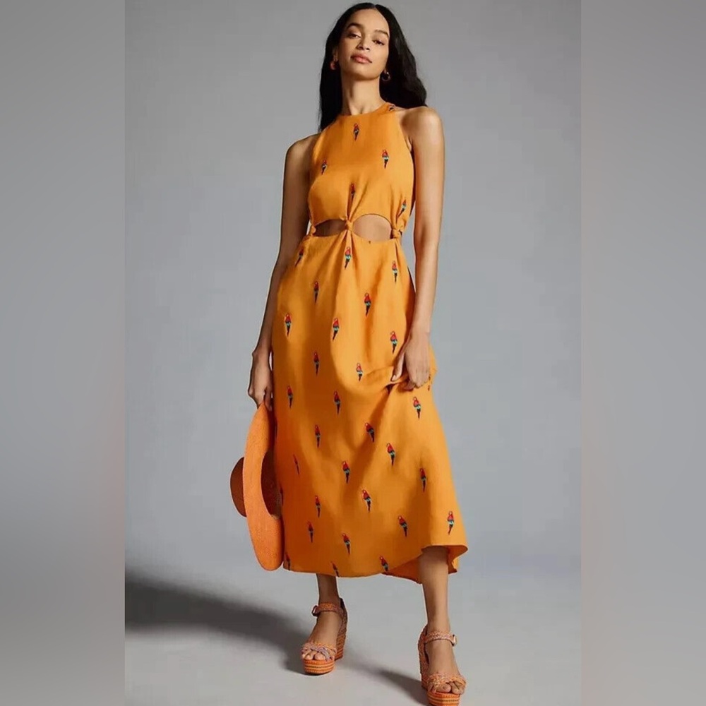 Farm Rio for Anthropologie Parrot Embroidered Maxi Dress XSP